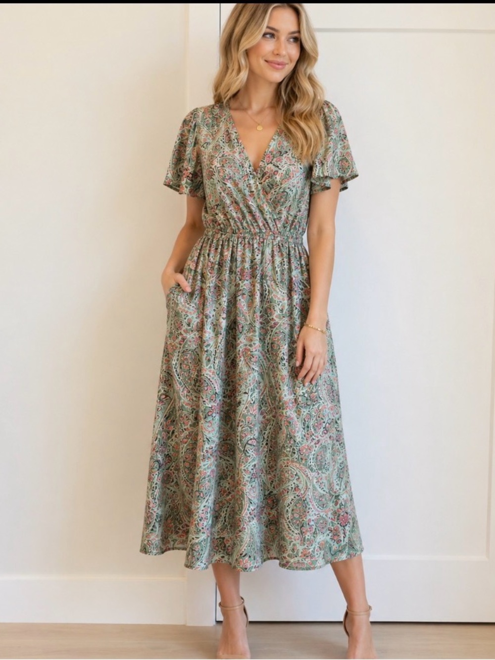 Paisley Wrap Midi Dress in Sage and Blush
